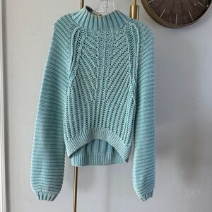 Free People Baby Blue Chunky Cable Knit Turtleneck Sweater 100% Cotton Small